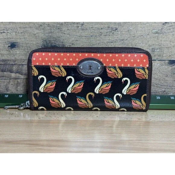 NEW Authentic Fossil Key-Per Brown/Orange Swan Print Card Wallet Fall Colors - Picture 1 of 16